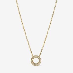 14k Gold-plated unique metal blend Pandora Pandora Logo Pavé Circle Collier Necklace Pendant Necklaces | 607-BMRPIE