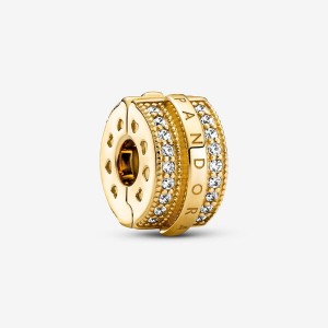 14k Gold-plated unique metal blend Pandora Sparkling Pavé Lines & Logo Clip Charm Clips & Spacers | 482-EVZNDY