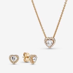 Gold Pandora Elevated Hearts of Gold Necklace and Earring Set Gift Sets | 187-UDYLXQ