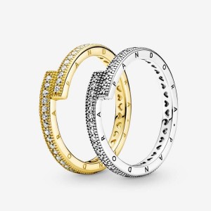 Gold Pandora Sparkling Pandora Signature Duo Stacking Ring Set Gift Sets | 418-YQTXMH