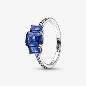 Sterling Silver Pandora Blue Rectangular Three Stone Sparkling Ring Statement Rings | 836-OQDAZV