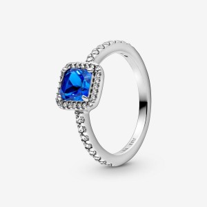 Sterling Silver Pandora Blue Square Sparkle Halo Ring Heart & Promise Rings | 306-ODLBGJ