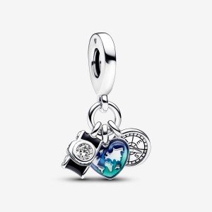 Sterling Silver Pandora Camera - Heart & Compass Triple Dangle Charm Charms | 329-HOGEZD