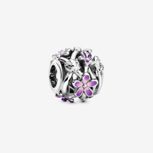 Sterling Silver Pandora Openwork Purple Daisy Charm Charms | 425-RADQFH