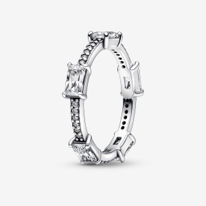 Sterling Silver Pandora Rectangular Bars Sparkling Pavé Ring Stackable Rings | 635-BMJVRS