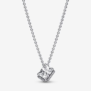 Sterling Silver Pandora Rectangular Sparkling Halo Collier Necklace Pendant Necklaces | 802-QTAOZI