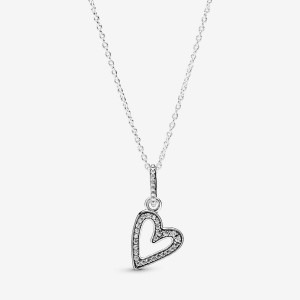 Sterling Silver Pandora Sparkling Freehand Heart Pendant Necklace Pendant Necklaces | 703-YUTHEK