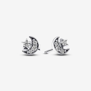 Sterling Silver Pandora Sparkling Moon & Star Stud Earrings Stud Earrings | 234-PDYTHV