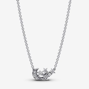 Sterling Silver Pandora Sparkling Moon & Star Collier Necklace Pendant Necklaces | 461-TGHZRB