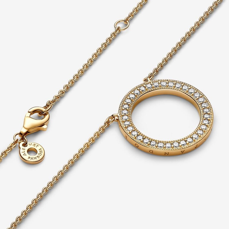 14k Gold-plated unique metal blend Pandora Pandora Signature Pavé & Hearts Circle Pendant Necklace Pendant Necklaces | 160-TYKGOP