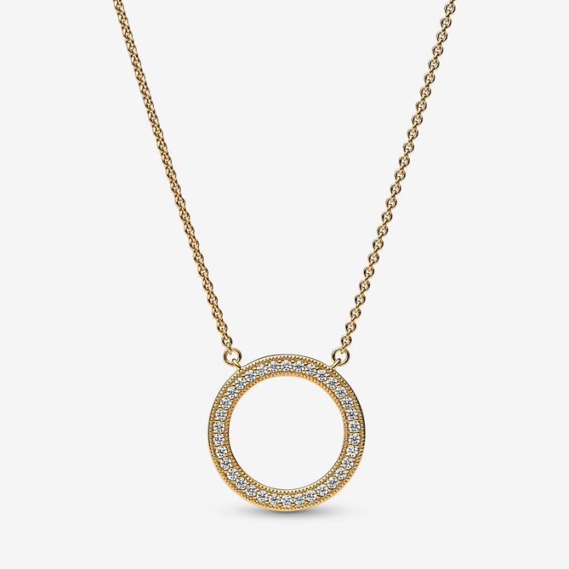 14k Gold-plated unique metal blend Pandora Pandora Signature Pavé & Hearts Circle Pendant Necklace Pendant Necklaces | 160-TYKGOP