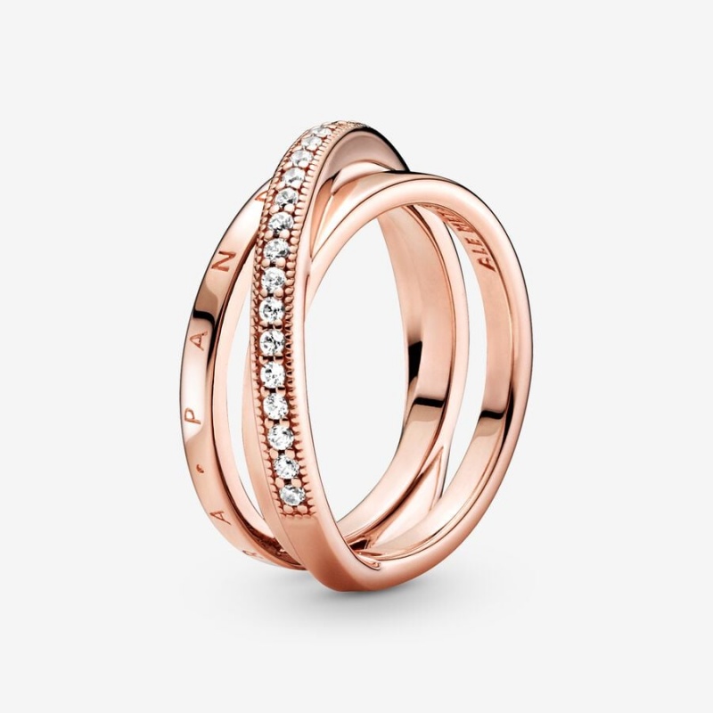 14k Rose gold-plated unique metal blend Pandora Crossover Pavé Triple Band Ring Statement Rings | 082-RVPTOU