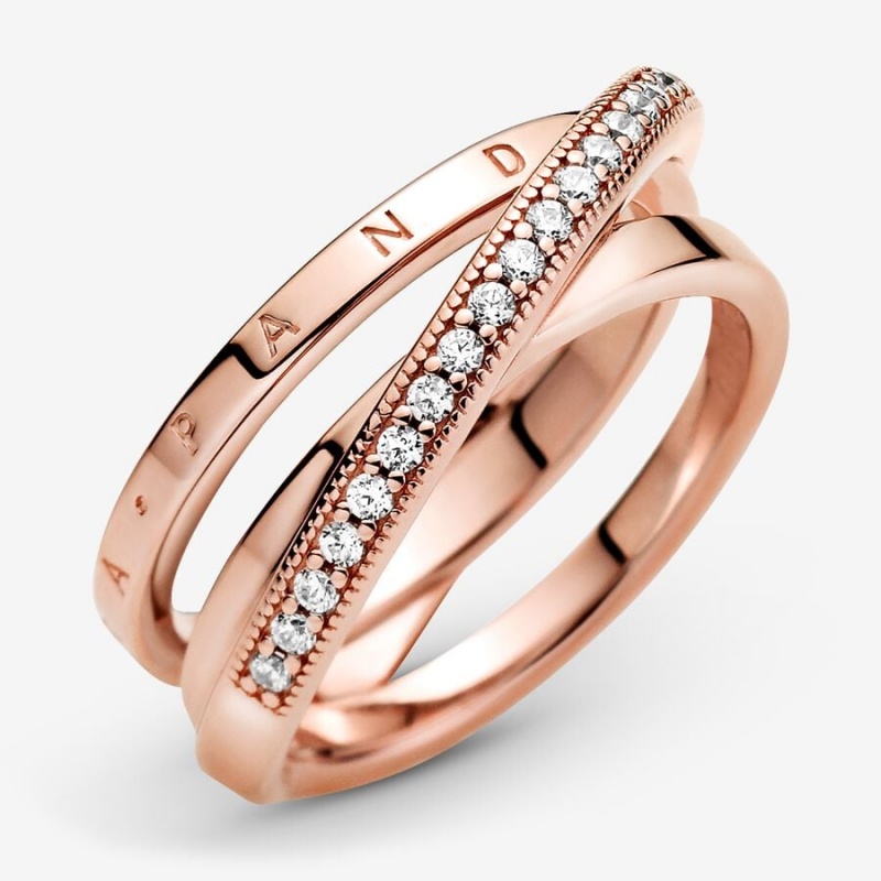14k Rose gold-plated unique metal blend Pandora Crossover Pavé Triple Band Ring Statement Rings | 082-RVPTOU