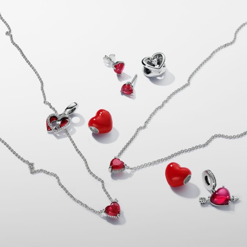 Sterling Silver Pandora Red Heart Stud Earrings Stud Earrings | 063-EQMNZT